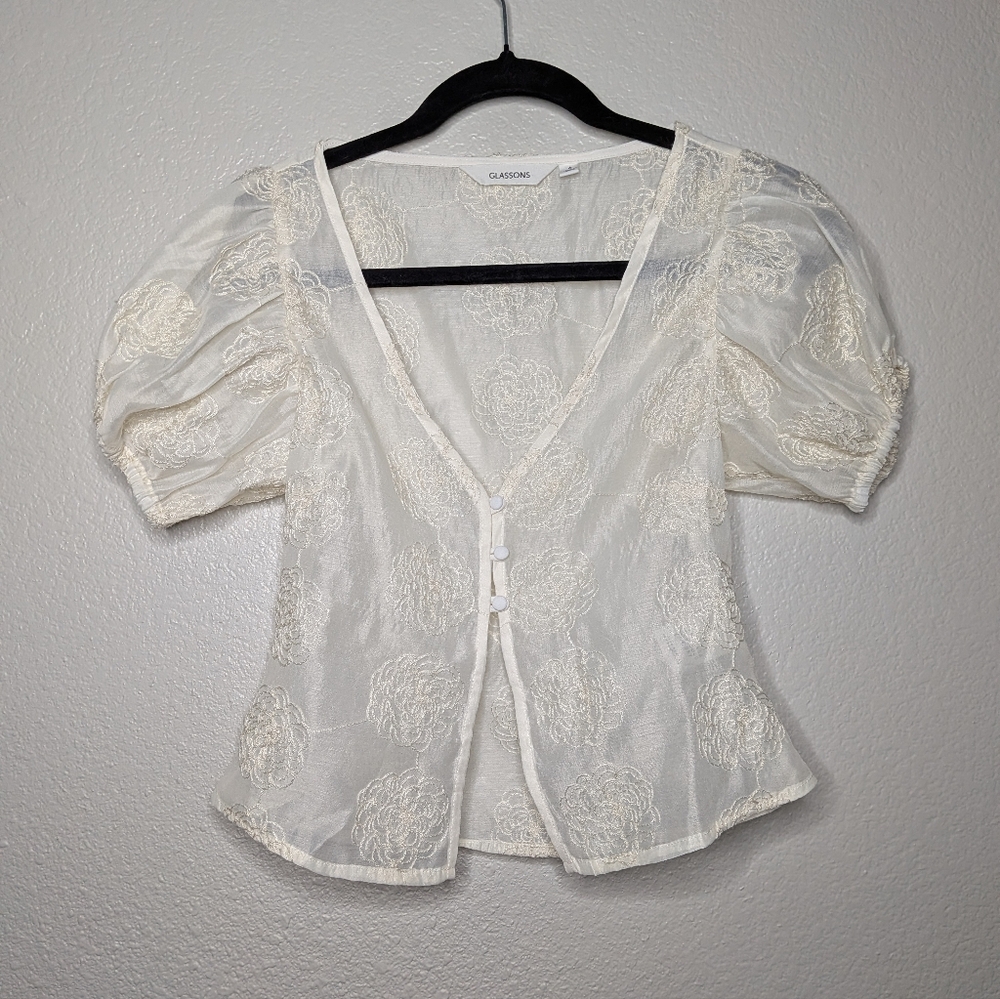 Glassons Womens Cream Sheer Floral Embroidered Puff Sleeve Blouse Crop Top 6 S